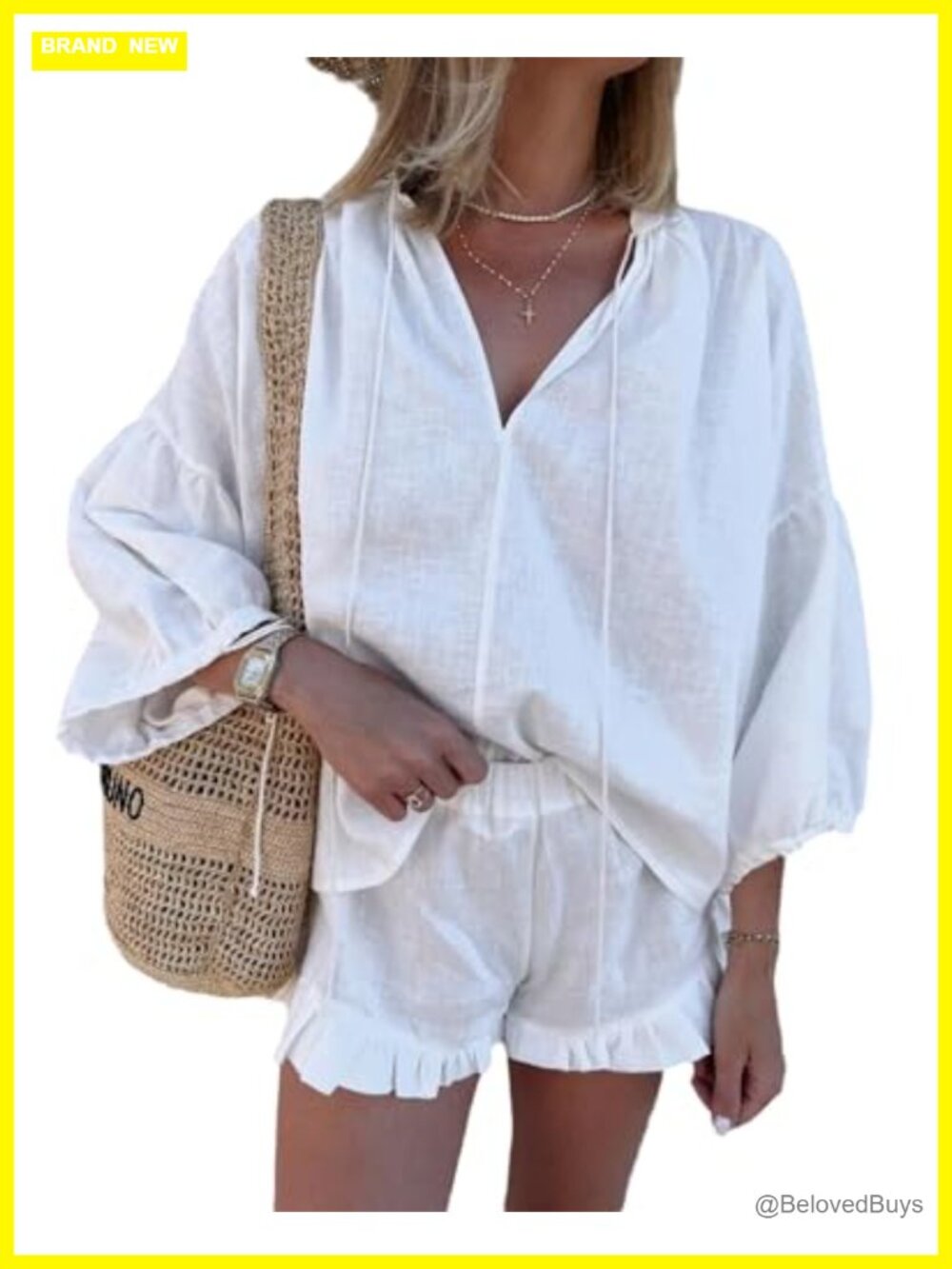 Women Lace Up V-Neck Long Puff Sleeve Blouse Ruffles Shorts 2 Piece Set Cotton